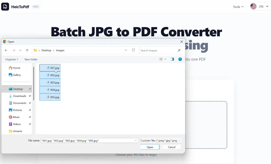File picker showing multiple JPG files selected